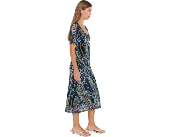 Scoop Neck Ruched Front Mesh Midi Dress