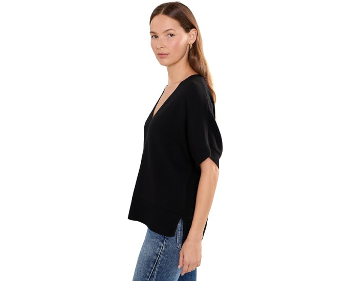 Short Sleeve V-Neck Dolman Popover Sweater with Step Hem