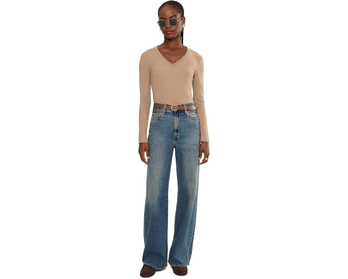 Rib-Knit Long Sleeve V-Neck Top