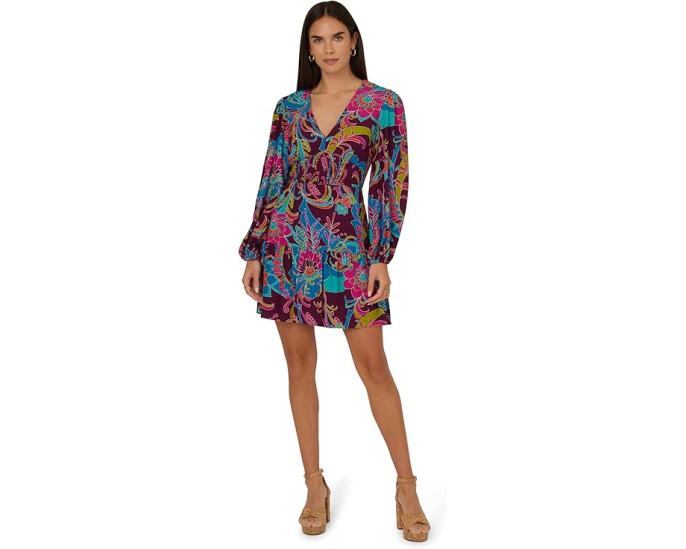 Короткое платье Adrianna Papell Printed Flounce с присборенными рукавами