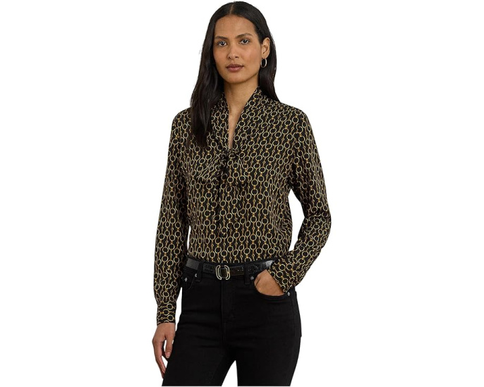 Chain-Print Crepe Tie Neck Blouse