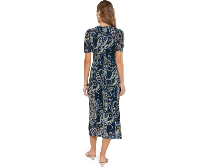 Scoop Neck Ruched Front Mesh Midi Dress