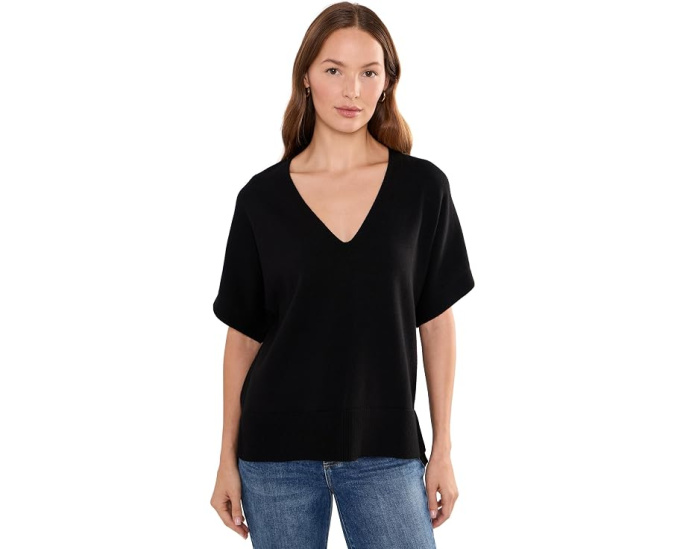 Short Sleeve V-Neck Dolman Popover Sweater with Step Hem